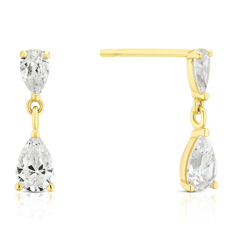 Main Image 1 of 9ct Yellow Gold Cubic Zirconia Double Pear Shaped Drop Earrings