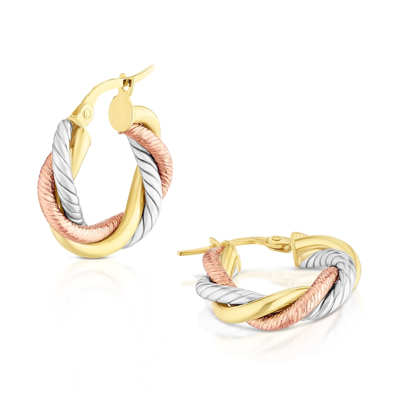 Main Image 1 of 9ct Tri Gold 10mm Texture Twist Hoop Earrings