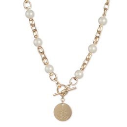 Lauren Ralph Lauren Gold Tone 17&quot; Faux Pearl & Logo Coin Pendant Necklace