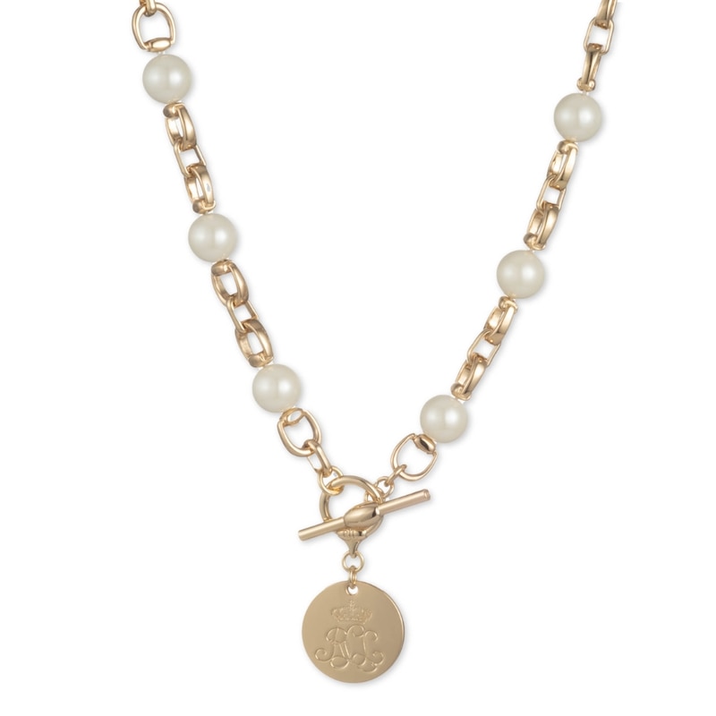 Main Image 1 of Lauren Ralph Lauren Gold Tone 17&quot; Faux Pearl & Logo Coin Pendant Necklace