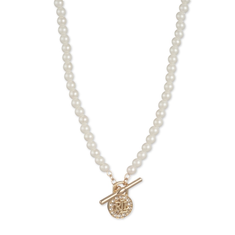 Main Image 1 of Lauren Ralph Lauren Gold Tone 17&quot; Faux Pearl Logo Padlock Necklace