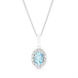 9ct White Gold 16+2&quot; 0.15ct Diamond & Aquamarine Pendant Necklace