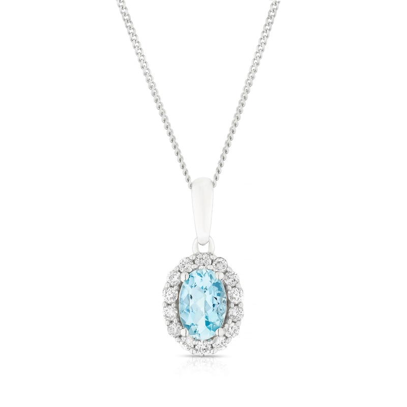 Main Image 1 of 9ct White Gold 16+2&quot; 0.15ct Diamond & Aquamarine Pendant Necklace