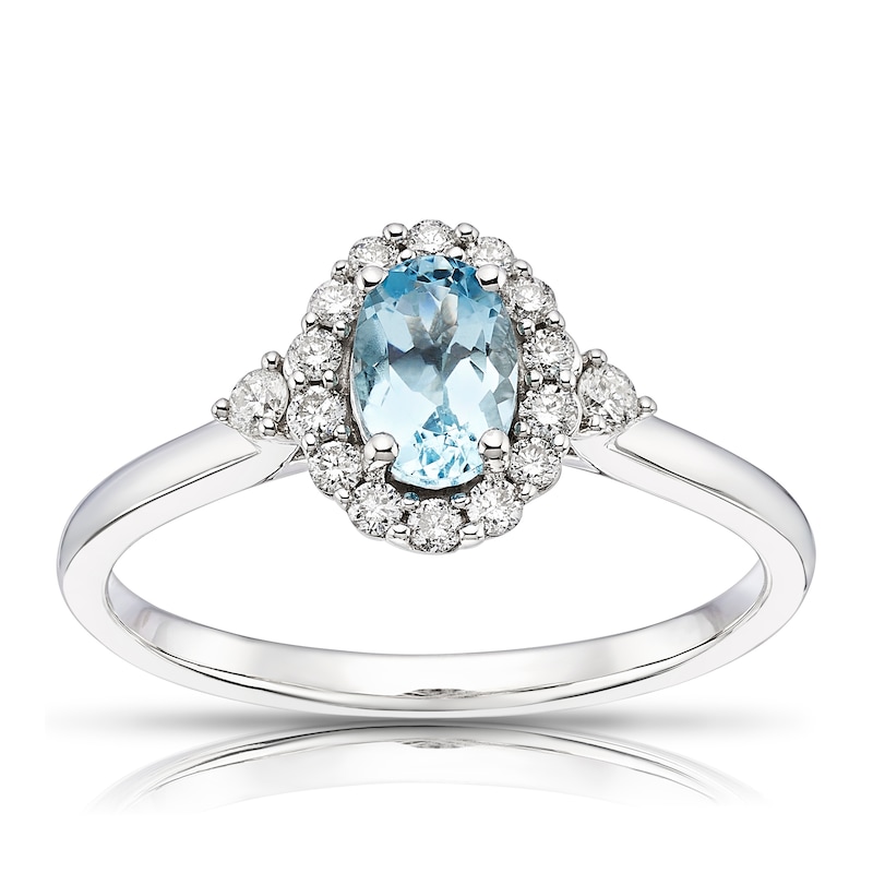 Main Image 1 of 9ct White Gold Blue 0.20ct Diamond & Aquamarine Halo Ring