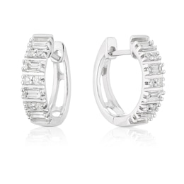 9ct White Gold 0.25ct Diamond Baguette & Round Cut Hoop Earrings