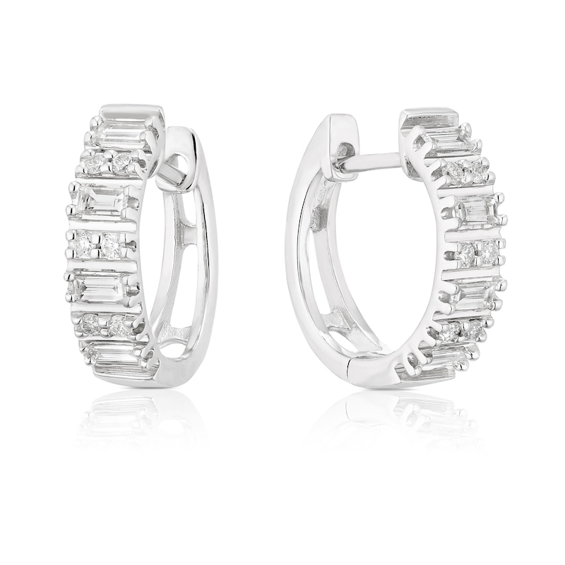 Main Image 1 of 9ct White Gold 0.25ct Diamond Baguette & Round Cut Hoop Earrings