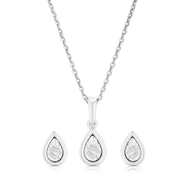 Sterling Silver Diamond Illusion Earrings & Necklace Jewellery Set