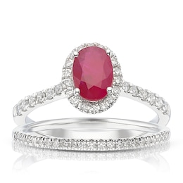 18ct White Gold 0.33ct Diamond & Ruby Oval Bridal Set