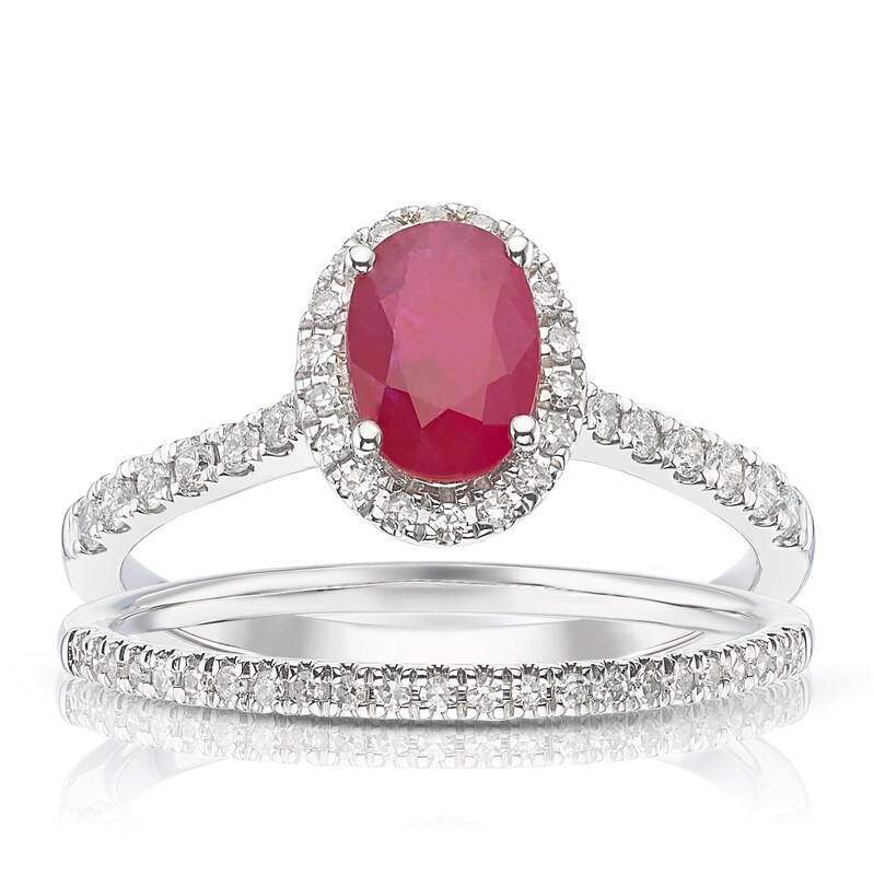 Main Image 1 of 18ct White Gold 0.33ct Diamond & Ruby Oval Bridal Set