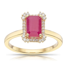 18ct Yellow Gold 0.10ct Diamond & Ruby Emerald Shaped Halo Ring