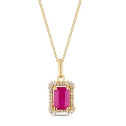 18ct Yellow Gold 16+2&quot; 0.10ct Diamond & Ruby Emerald Shaped Pendant