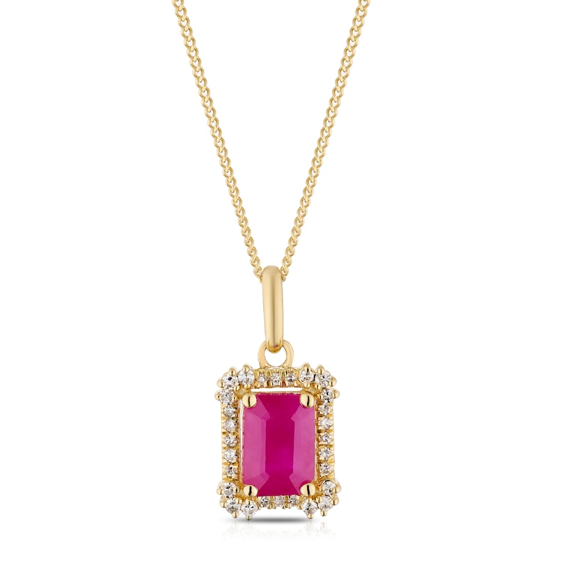 Main Image 1 of 18ct Yellow Gold 16+2&quot; 0.10ct Diamond & Ruby Emerald Shaped Pendant