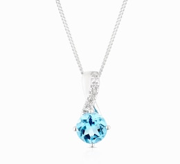 9ct White Gold 16&quot; Diamond & Topaz Solitaire Pendant