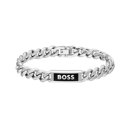 BOSS Kassy Men's Emblem Stainless Steel & Black Enamel ID Bracelet