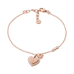 Emporio Armani Rose Gold Tone Sterling Silver 6.3&quot; CZ Heart Charm Bracelet