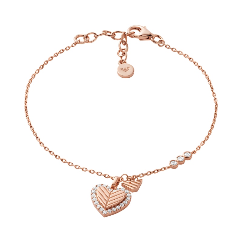 Main Image 1 of Emporio Armani Rose Gold Tone Sterling Silver 6.3&quot; CZ Heart Charm Bracelet