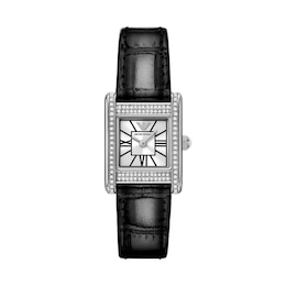 Emporio Armani Crystal Mother Of Pearl Dial & Black Leather Strap Watch