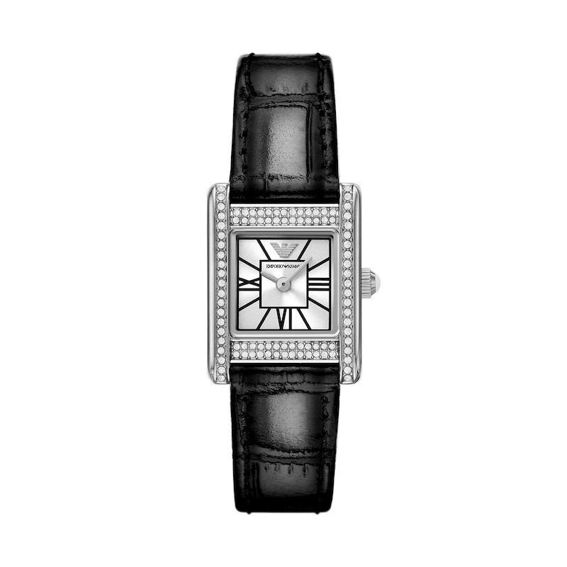 Main Image 1 of Emporio Armani Crystal Mother Of Pearl Dial & Black Leather Strap Watch