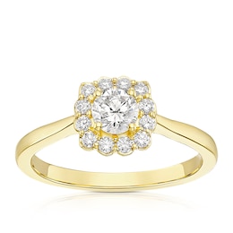 18ct Yellow Gold 0.50ct Diamond Cushion Shaped Halo Ring