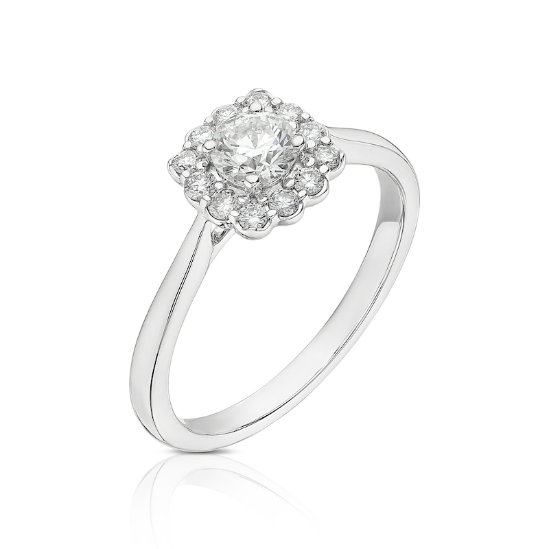 Main Image 2 of 18ct White Gold 0.50ct Diamond Cushion Shaped Scallop Edge Halo Ring