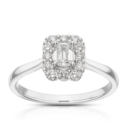 18ct White Gold 0.50ct Diamond Emerald Cut Halo Ring