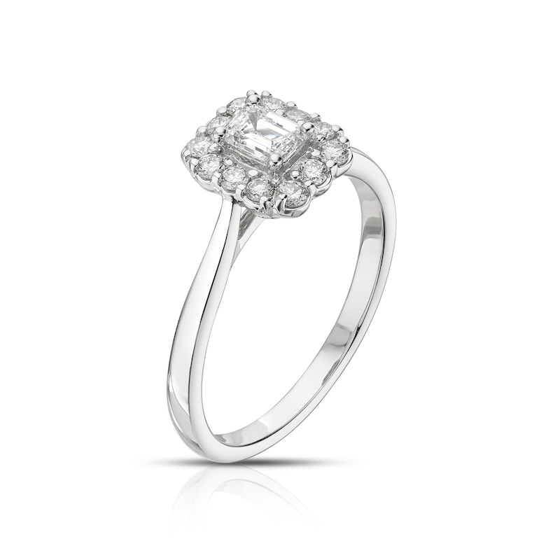 Main Image 2 of 18ct White Gold 0.50ct Diamond Emerald Cut Halo Ring