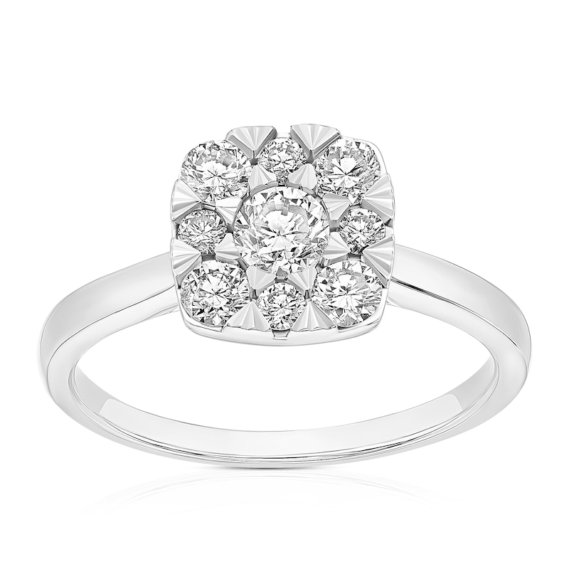 Main Image 1 of 18ct White Gold 0.66ct Diamond Cushion Shaped Cluster Ring