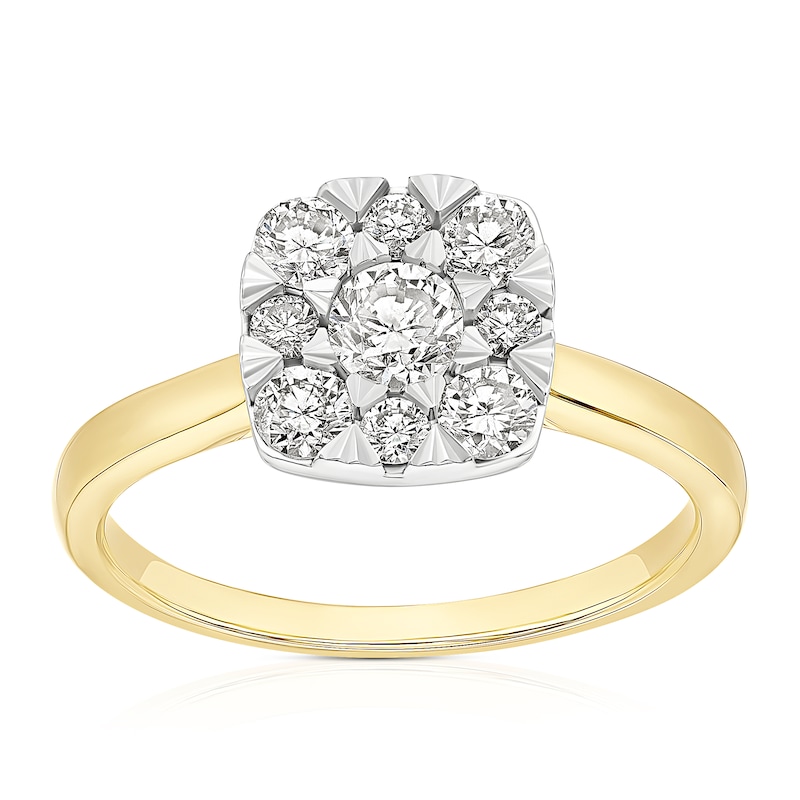 Main Image 1 of 18ct Yellow & White Gold 0.66ct Diamond Cushion Shaped Cluster Ring