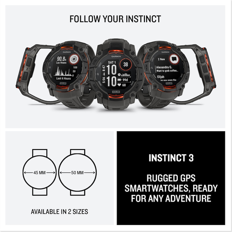 Main Image 7 of Garmin Instinct 3 50mm Solar Black Bezel & Charcoal Silicone Strap Smartwatch